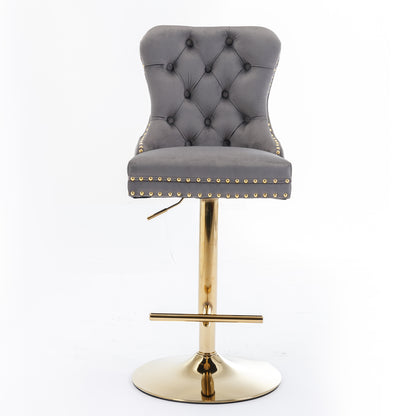 Set of 2 Height Adjustable Upholstered Tufted Velvet Armless Bar Stools with Gold Details- Gray