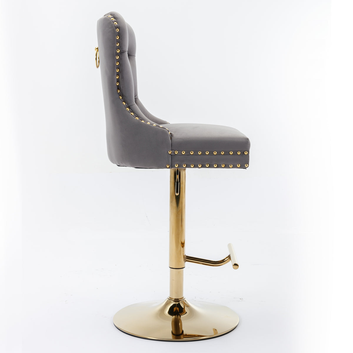 Set of 2 Height Adjustable Upholstered Tufted Velvet Armless Bar Stools with Gold Details- Gray
