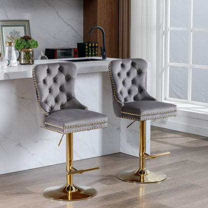 Set of 2 Height Adjustable Upholstered Tufted Velvet Armless Bar Stools with Gold Details- Gray