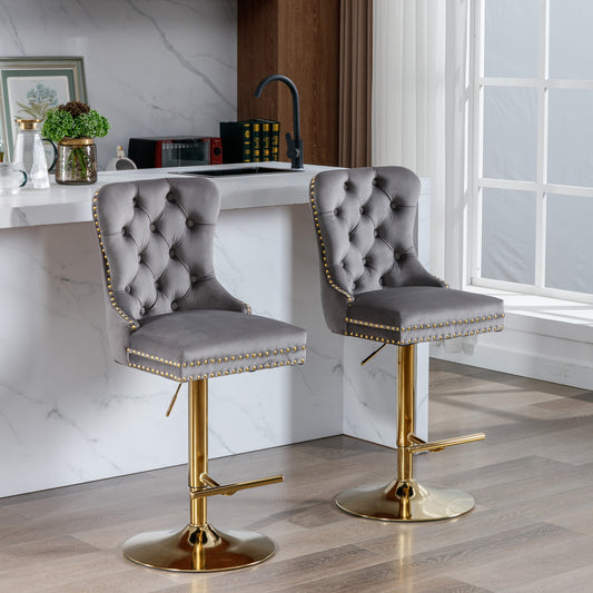 Set of 2 Height Adjustable Upholstered Tufted Velvet Armless Bar Stools with Gold Details- Gray