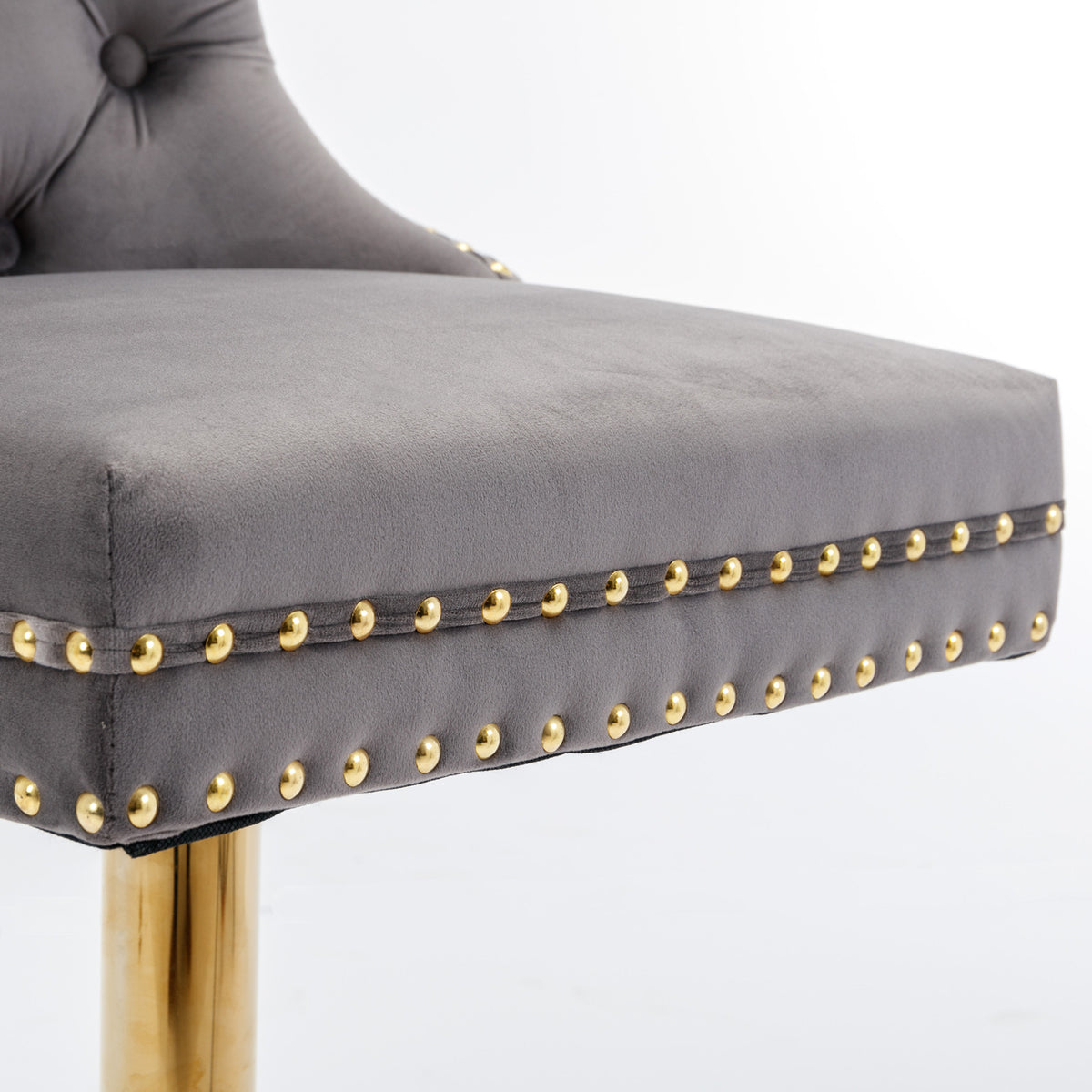 Set of 2 Height Adjustable Upholstered Tufted Velvet Armless Bar Stools with Gold Details- Gray