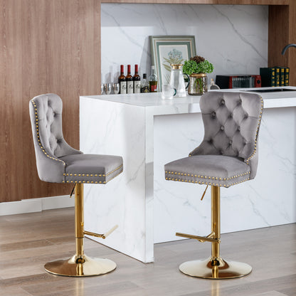 Set of 2 Height Adjustable Upholstered Tufted Velvet Armless Bar Stools with Gold Details- Gray