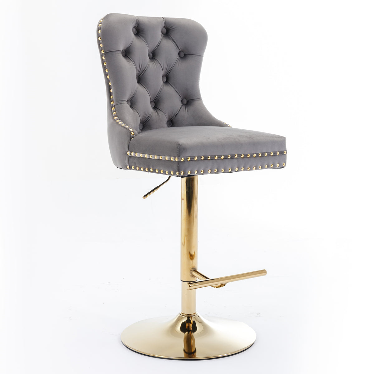 Set of 2 Height Adjustable Upholstered Tufted Velvet Armless Bar Stools with Gold Details- Gray