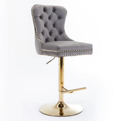 Set of 2 Height Adjustable Upholstered Tufted Velvet Armless Bar Stools with Gold Details- Gray
