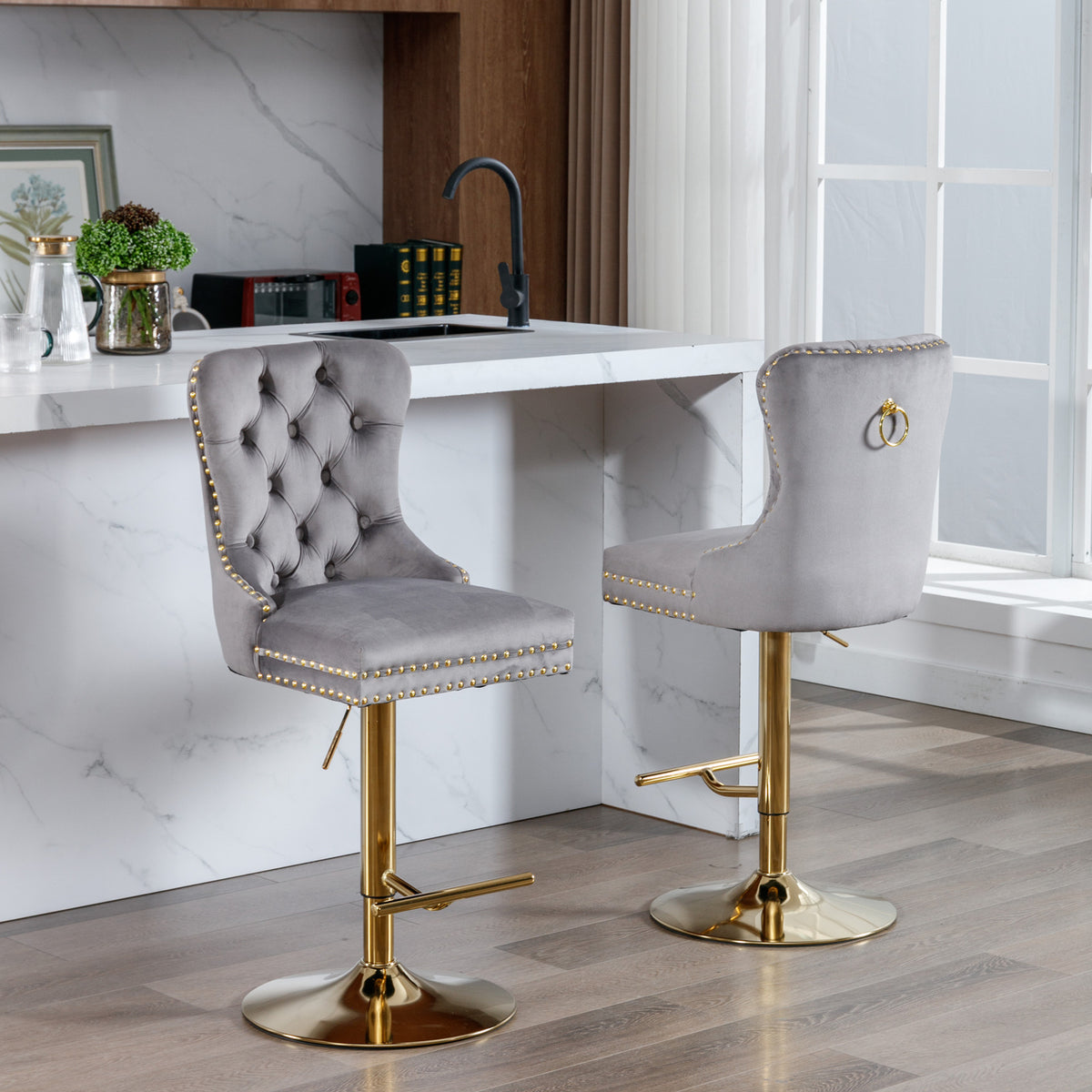 Set of 2 Height Adjustable Upholstered Tufted Velvet Armless Bar Stools with Gold Details- Gray