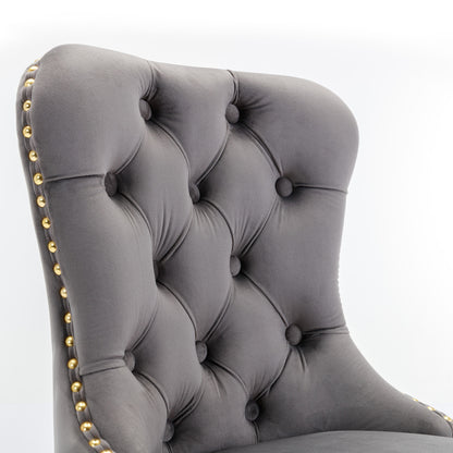 Set of 2 Height Adjustable Upholstered Tufted Velvet Armless Bar Stools with Gold Details- Gray