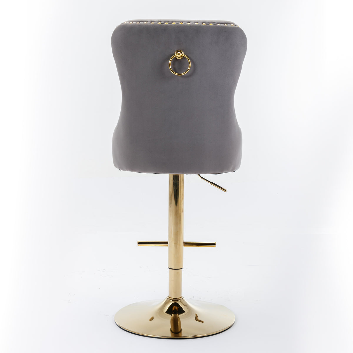 Set of 2 Height Adjustable Upholstered Tufted Velvet Armless Bar Stools with Gold Details- Gray