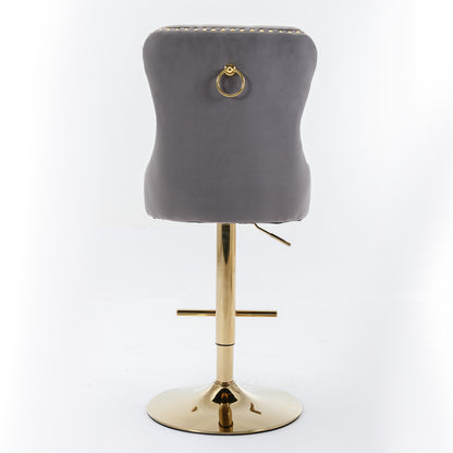 Set of 2 Height Adjustable Upholstered Tufted Velvet Armless Bar Stools with Gold Details- Gray