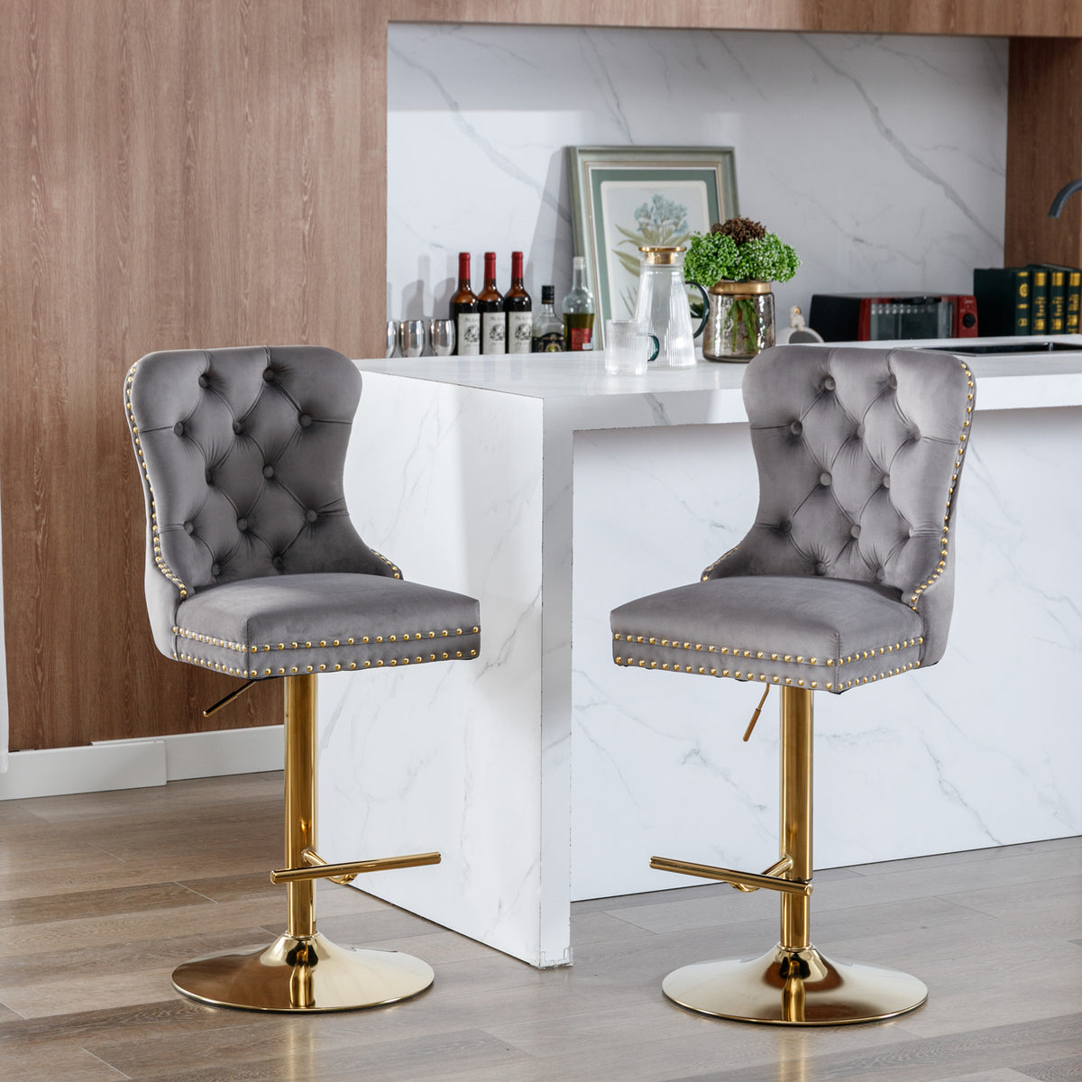 Set of 2 Height Adjustable Upholstered Tufted Velvet Armless Bar Stools with Gold Details- Gray