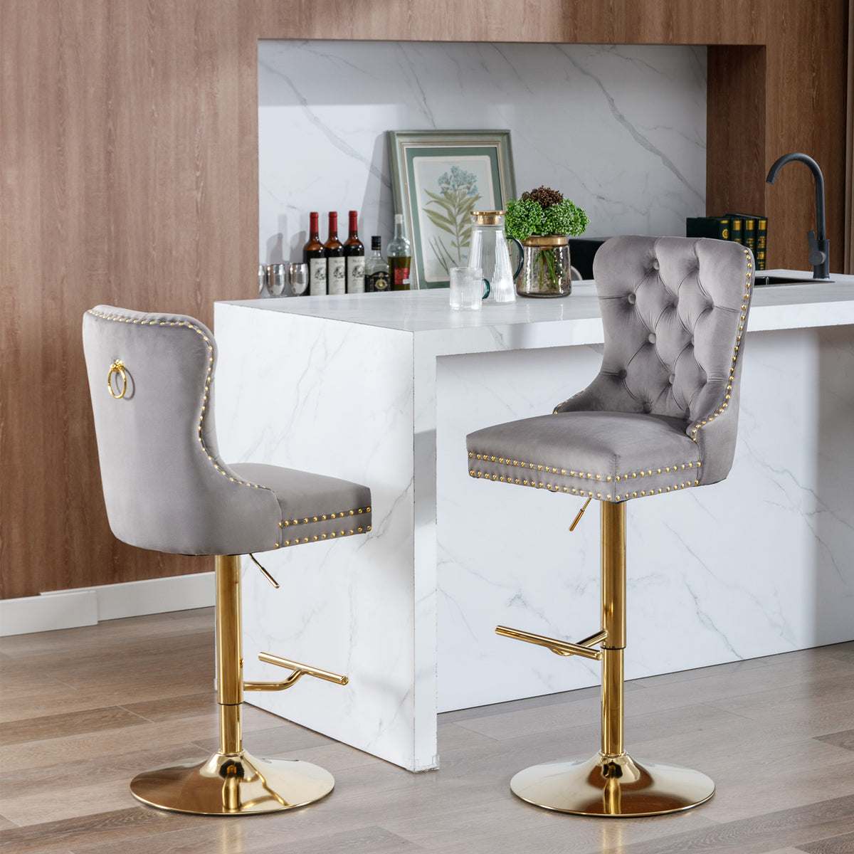 Set of 2 Height Adjustable Upholstered Tufted Velvet Armless Bar Stools with Gold Details- Gray