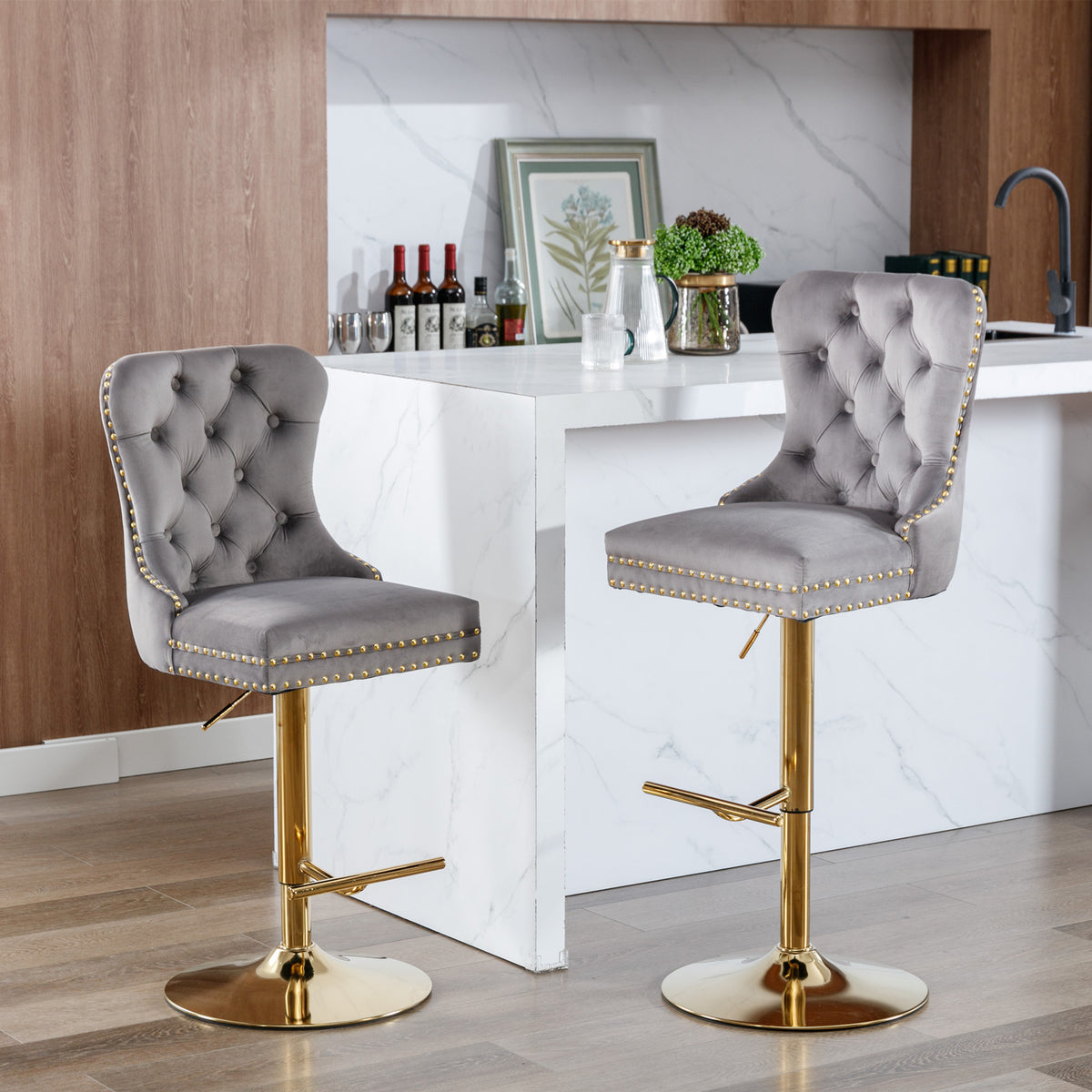 Set of 2 Height Adjustable Upholstered Tufted Velvet Armless Bar Stools with Gold Details- Gray