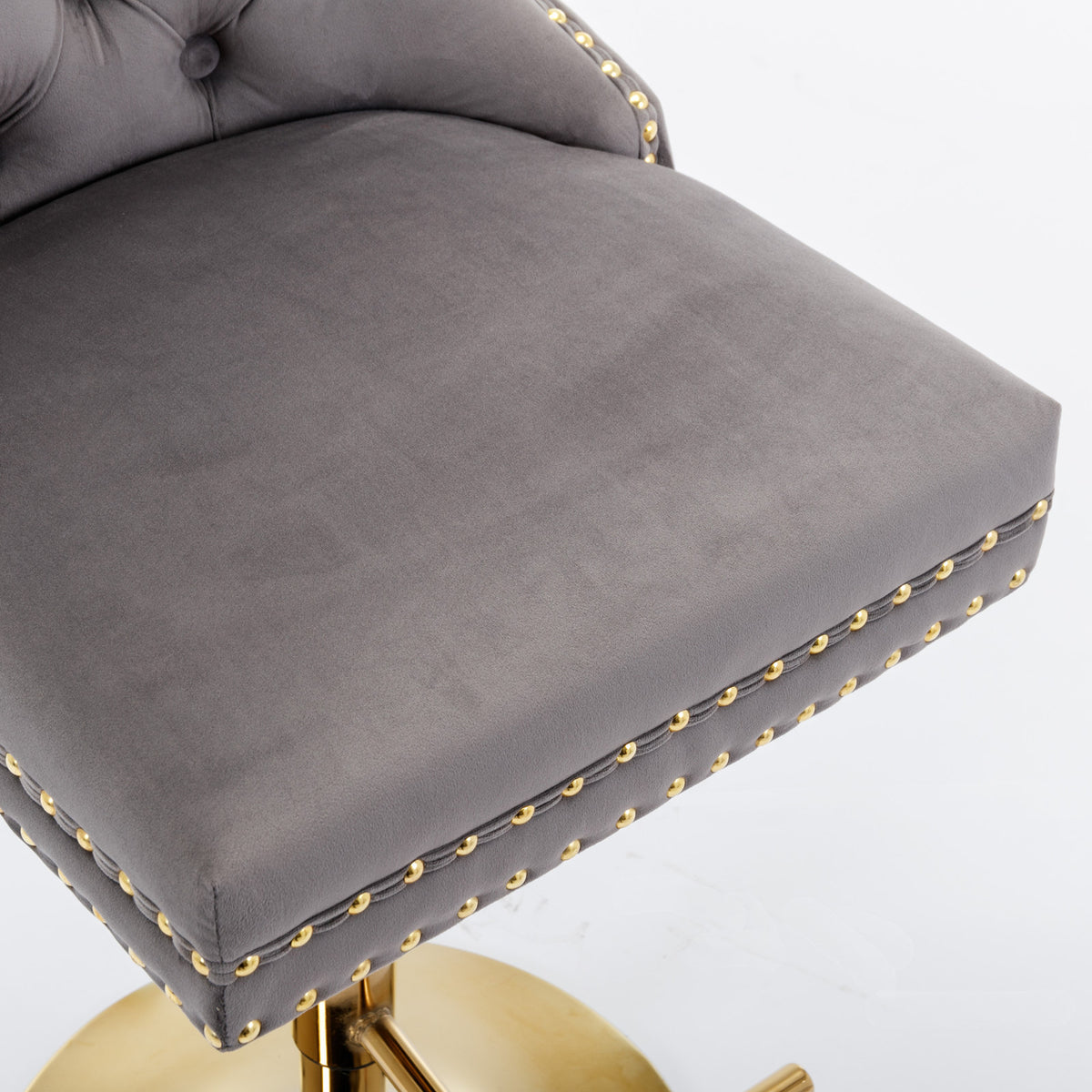 Set of 2 Height Adjustable Upholstered Tufted Velvet Armless Bar Stools with Gold Details- Gray