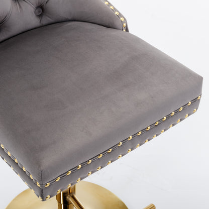 Set of 2 Height Adjustable Upholstered Tufted Velvet Armless Bar Stools with Gold Details- Gray