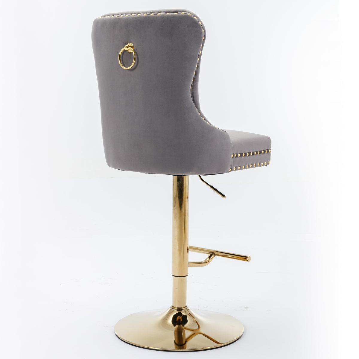 Set of 2 Height Adjustable Upholstered Tufted Velvet Armless Bar Stools with Gold Details- Gray