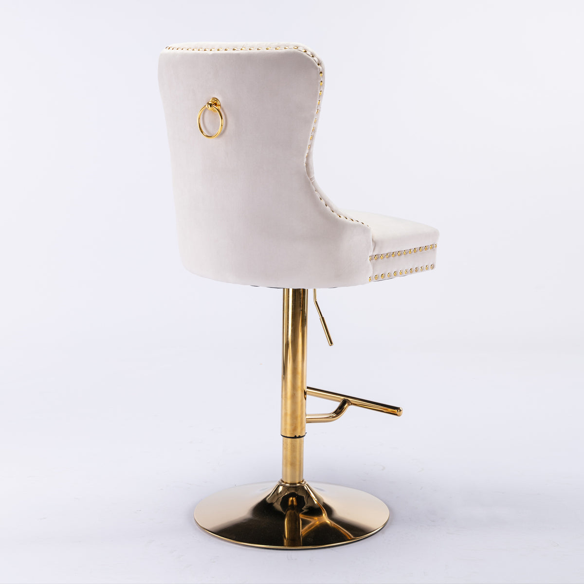 Set of 2 Height Adjustable Upholstered Tufted Velvet Armless Bar Stools with Gold Details- Beige