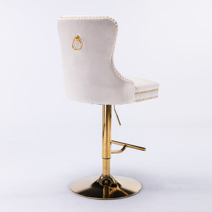 Set of 2 Height Adjustable Upholstered Tufted Velvet Armless Bar Stools with Gold Details- Beige
