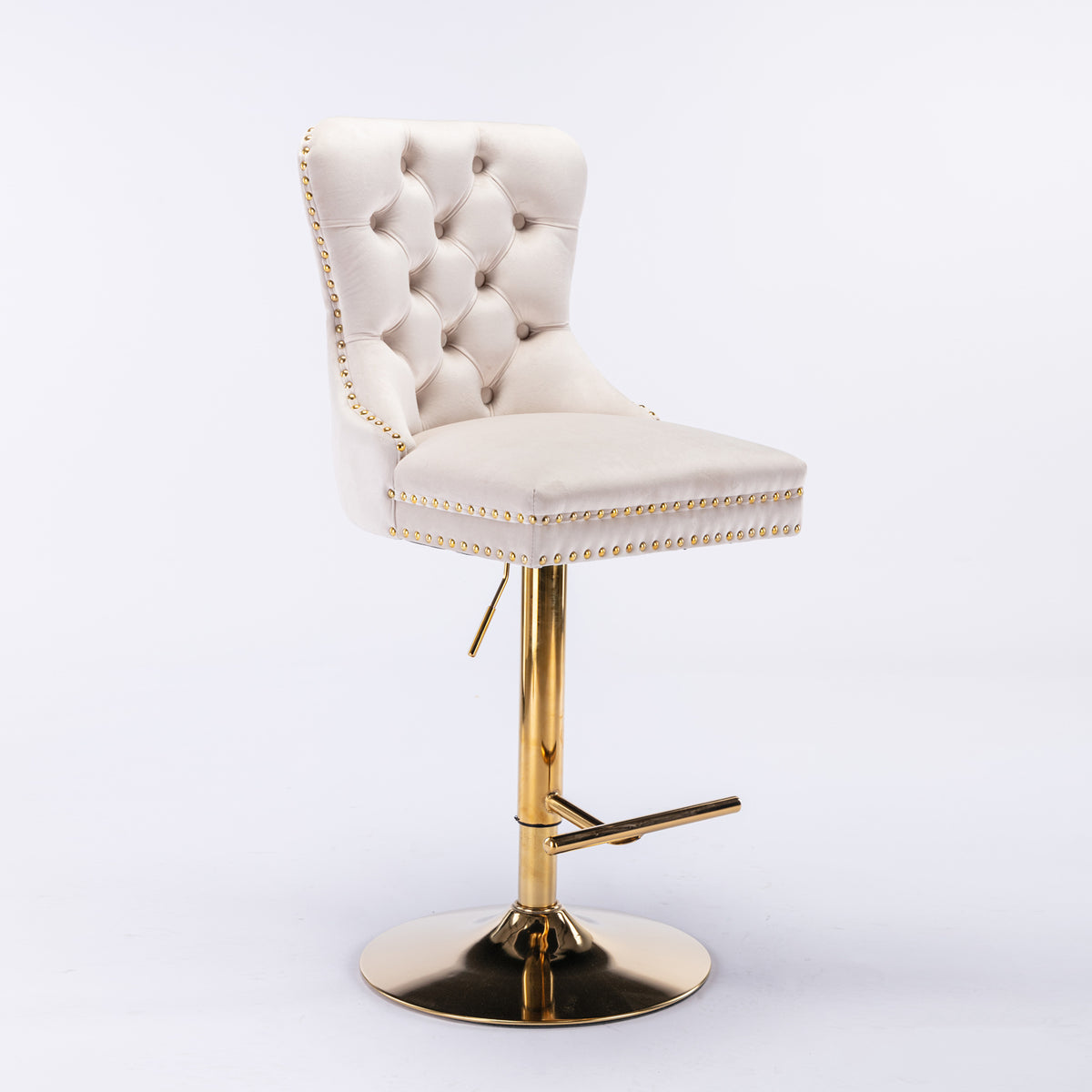 Set of 2 Height Adjustable Upholstered Tufted Velvet Armless Bar Stools with Gold Details- Beige