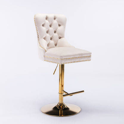 Set of 2 Height Adjustable Upholstered Tufted Velvet Armless Bar Stools with Gold Details- Beige
