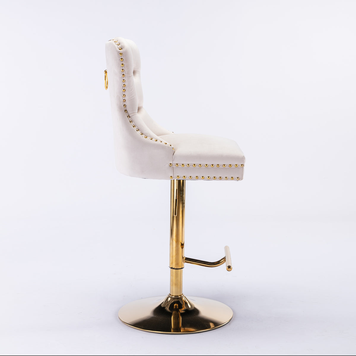Set of 2 Height Adjustable Upholstered Tufted Velvet Armless Bar Stools with Gold Details- Beige