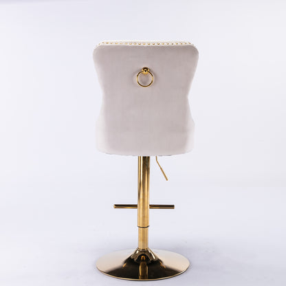 Set of 2 Height Adjustable Upholstered Tufted Velvet Armless Bar Stools with Gold Details- Beige