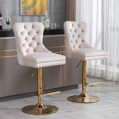 Set of 2 Height Adjustable Upholstered Tufted Velvet Armless Bar Stools with Gold Details- Beige