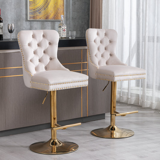 Set of 2 Height Adjustable Upholstered Tufted Velvet Armless Bar Stools with Gold Details- Beige