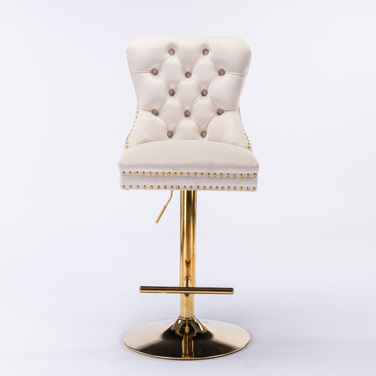 Set of 2 Height Adjustable Upholstered Tufted Velvet Armless Bar Stools with Gold Details- Beige