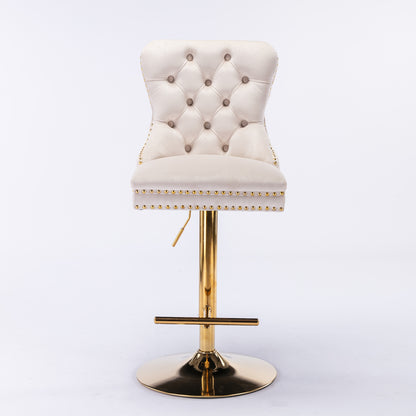 Set of 2 Height Adjustable Upholstered Tufted Velvet Armless Bar Stools with Gold Details- Beige