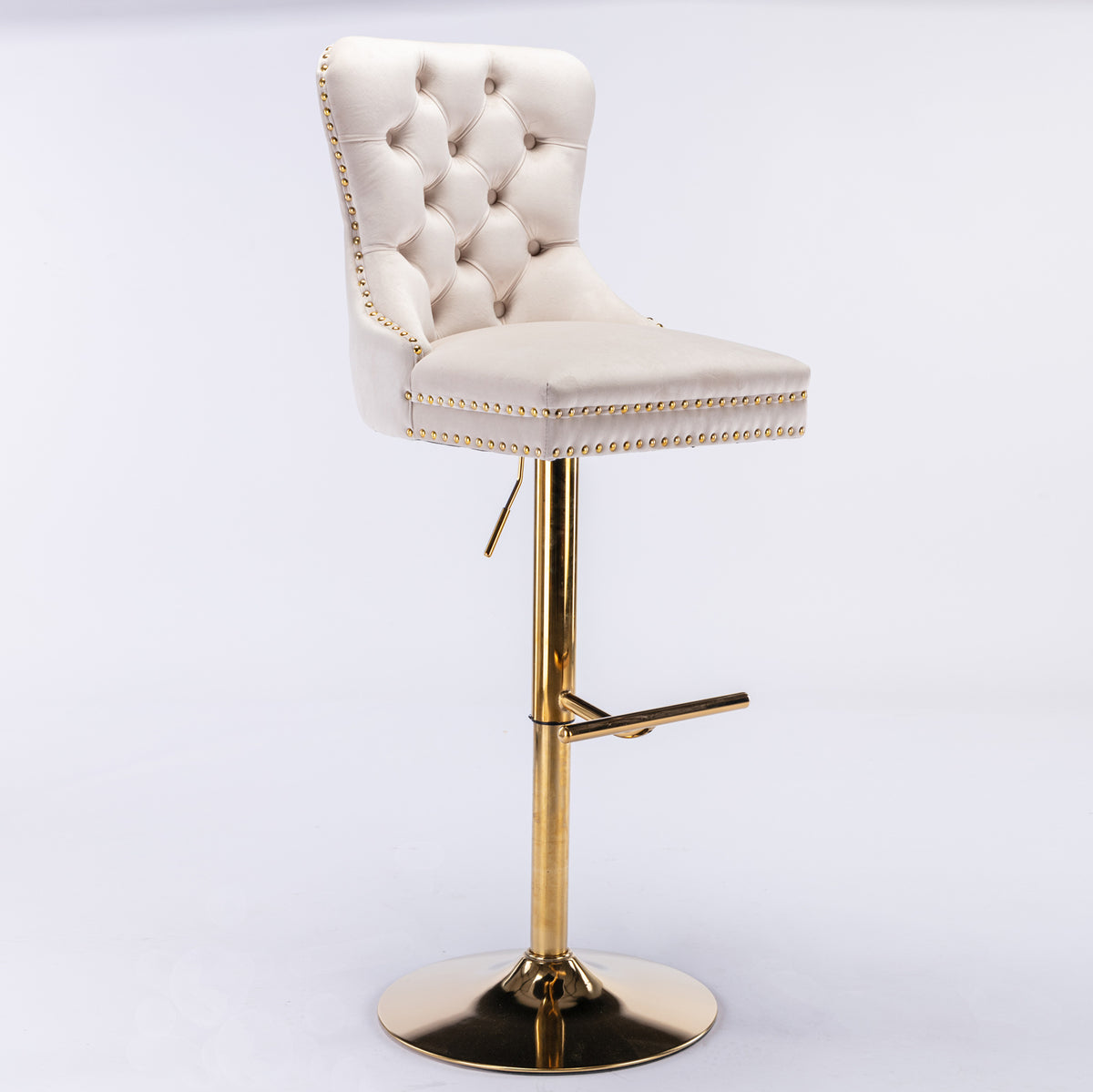 Set of 2 Height Adjustable Upholstered Tufted Velvet Armless Bar Stools with Gold Details- Beige