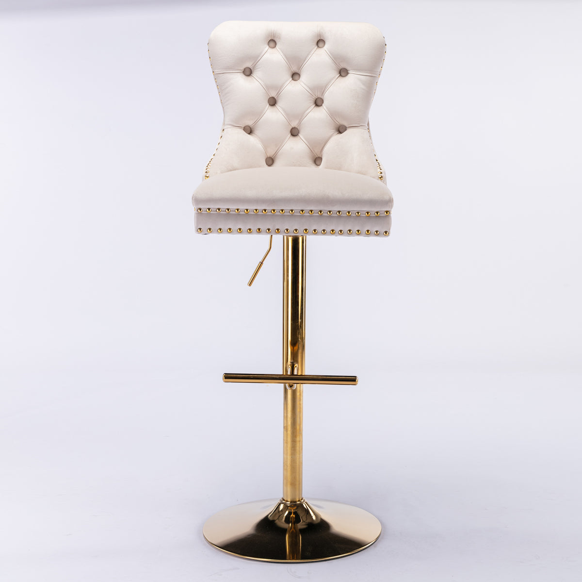 Set of 2 Height Adjustable Upholstered Tufted Velvet Armless Bar Stools with Gold Details- Beige