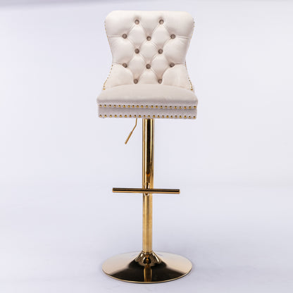 Set of 2 Height Adjustable Upholstered Tufted Velvet Armless Bar Stools with Gold Details- Beige