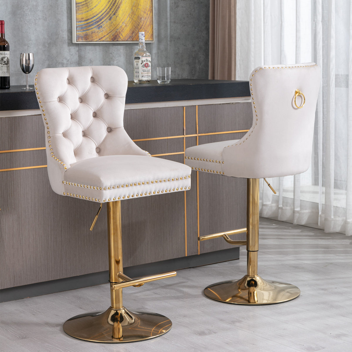 Set of 2 Height Adjustable Upholstered Tufted Velvet Armless Bar Stools with Gold Details- Beige