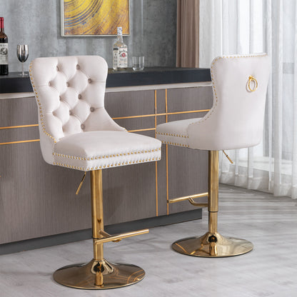 Set of 2 Height Adjustable Upholstered Tufted Velvet Armless Bar Stools with Gold Details- Beige