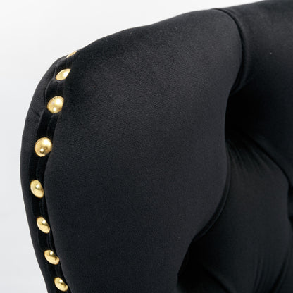 Set of 2 Height Adjustable Upholstered Tufted Velvet Armless Bar Stools with Gold Details- Black