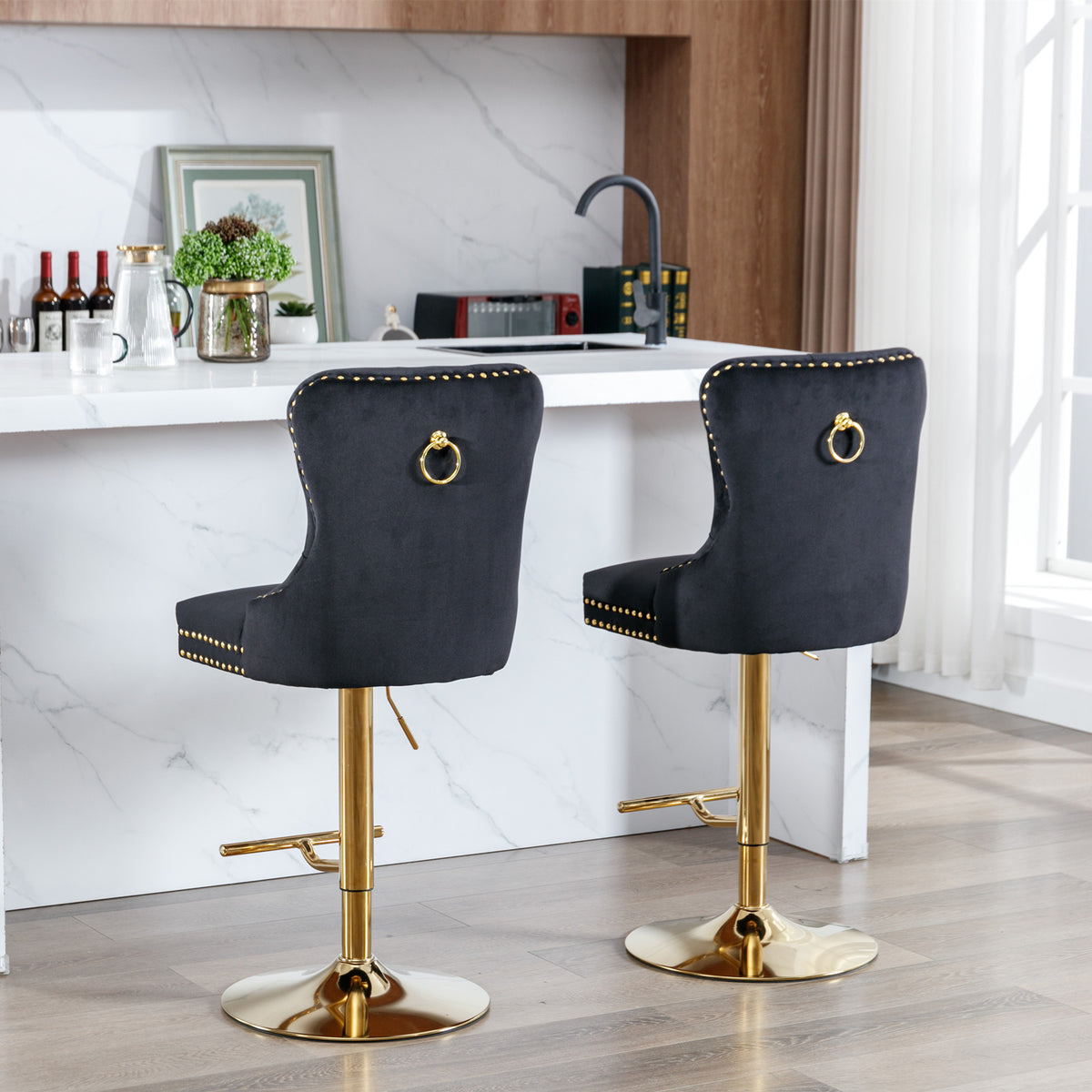 Set of 2 Height Adjustable Upholstered Tufted Velvet Armless Bar Stools with Gold Details- Black
