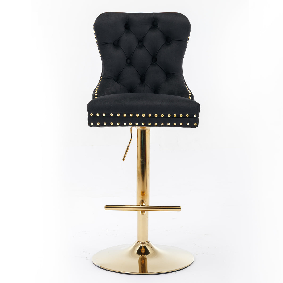 Set of 2 Height Adjustable Upholstered Tufted Velvet Armless Bar Stools with Gold Details- Black