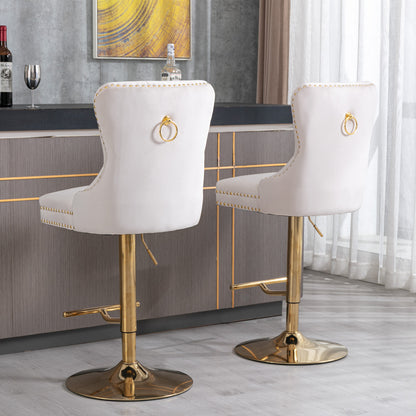 Set of 2 Height Adjustable Upholstered Tufted Velvet Armless Bar Stools with Gold Details- Beige