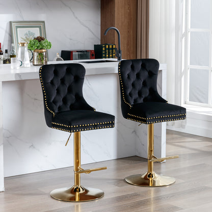 Set of 2 Height Adjustable Upholstered Tufted Velvet Armless Bar Stools with Gold Details- Black