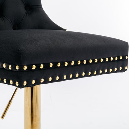 Set of 2 Height Adjustable Upholstered Tufted Velvet Armless Bar Stools with Gold Details- Black