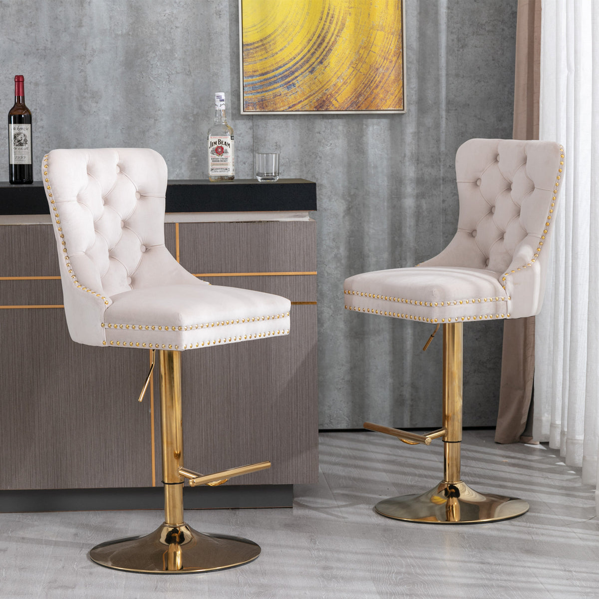 Set of 2 Height Adjustable Upholstered Tufted Velvet Armless Bar Stools with Gold Details- Beige