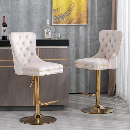 Set of 2 Height Adjustable Upholstered Tufted Velvet Armless Bar Stools with Gold Details- Beige
