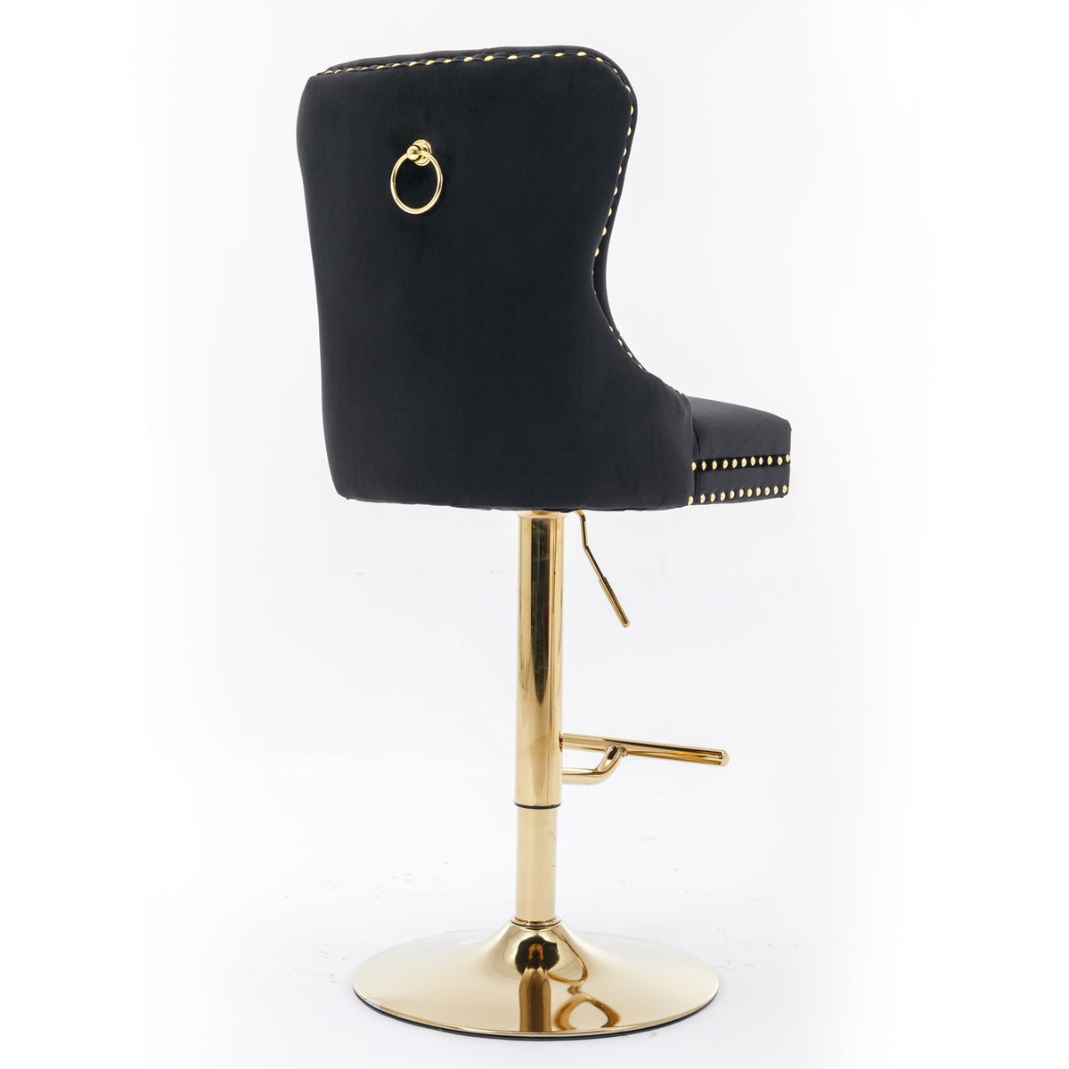 Set of 2 Height Adjustable Upholstered Tufted Velvet Armless Bar Stools with Gold Details- Black