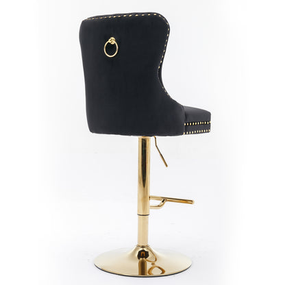 Set of 2 Height Adjustable Upholstered Tufted Velvet Armless Bar Stools with Gold Details- Black