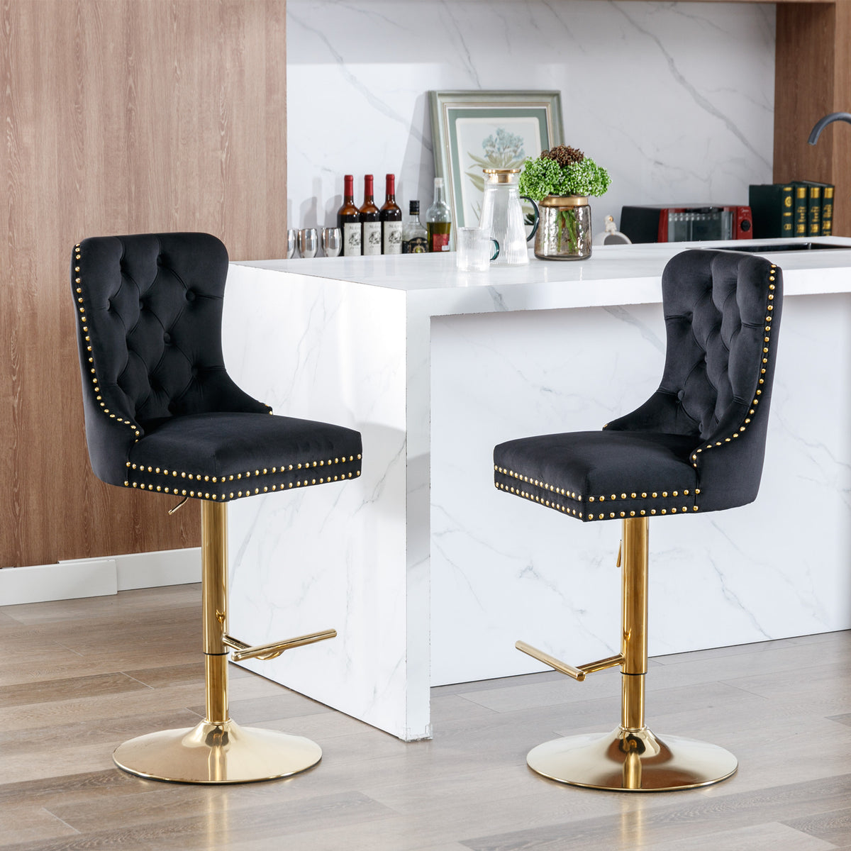 Set of 2 Height Adjustable Upholstered Tufted Velvet Armless Bar Stools with Gold Details- Black