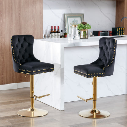 Set of 2 Height Adjustable Upholstered Tufted Velvet Armless Bar Stools with Gold Details- Black