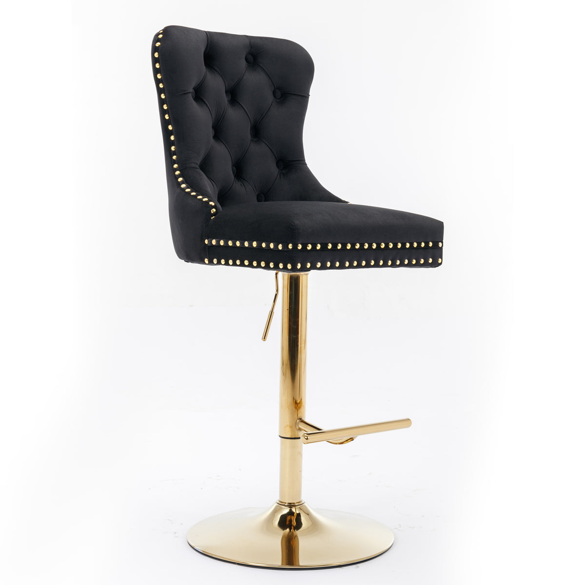 Set of 2 Height Adjustable Upholstered Tufted Velvet Armless Bar Stools with Gold Details- Black