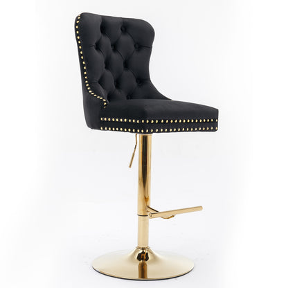 Set of 2 Height Adjustable Upholstered Tufted Velvet Armless Bar Stools with Gold Details- Black