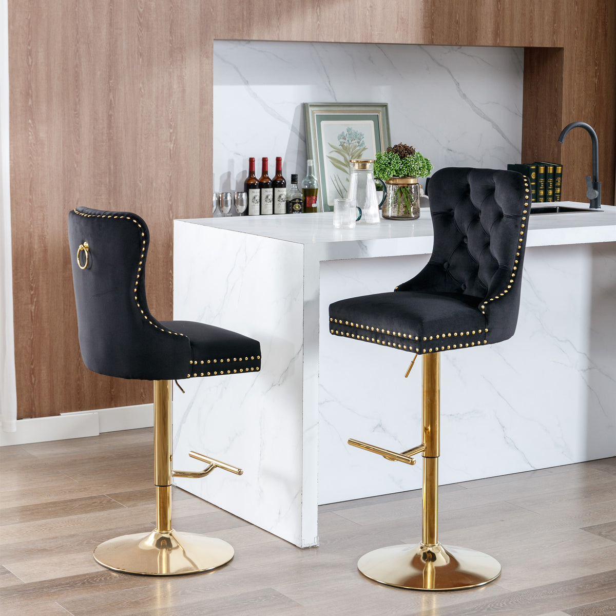 Set of 2 Height Adjustable Upholstered Tufted Velvet Armless Bar Stools with Gold Details- Black