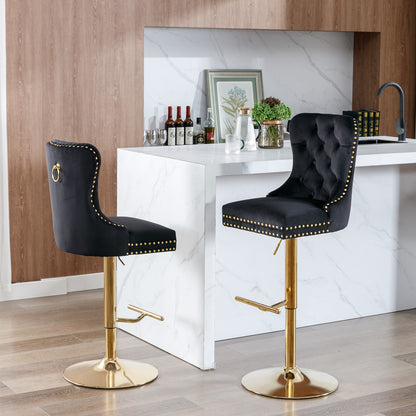 Set of 2 Height Adjustable Upholstered Tufted Velvet Armless Bar Stools with Gold Details- Black