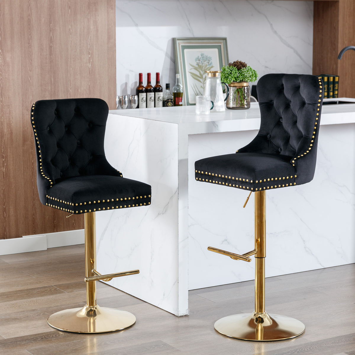 Set of 2 Height Adjustable Upholstered Tufted Velvet Armless Bar Stools with Gold Details- Black